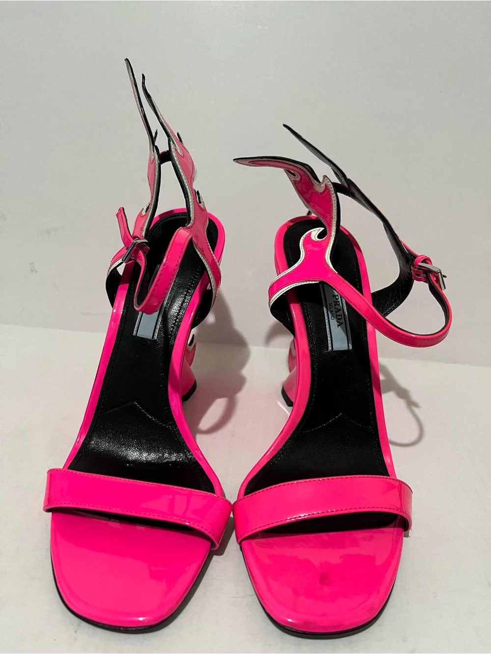 Prada Neon Pink Flame Wedge Sandals with Black & Silver Accents - Picture 2 of 10